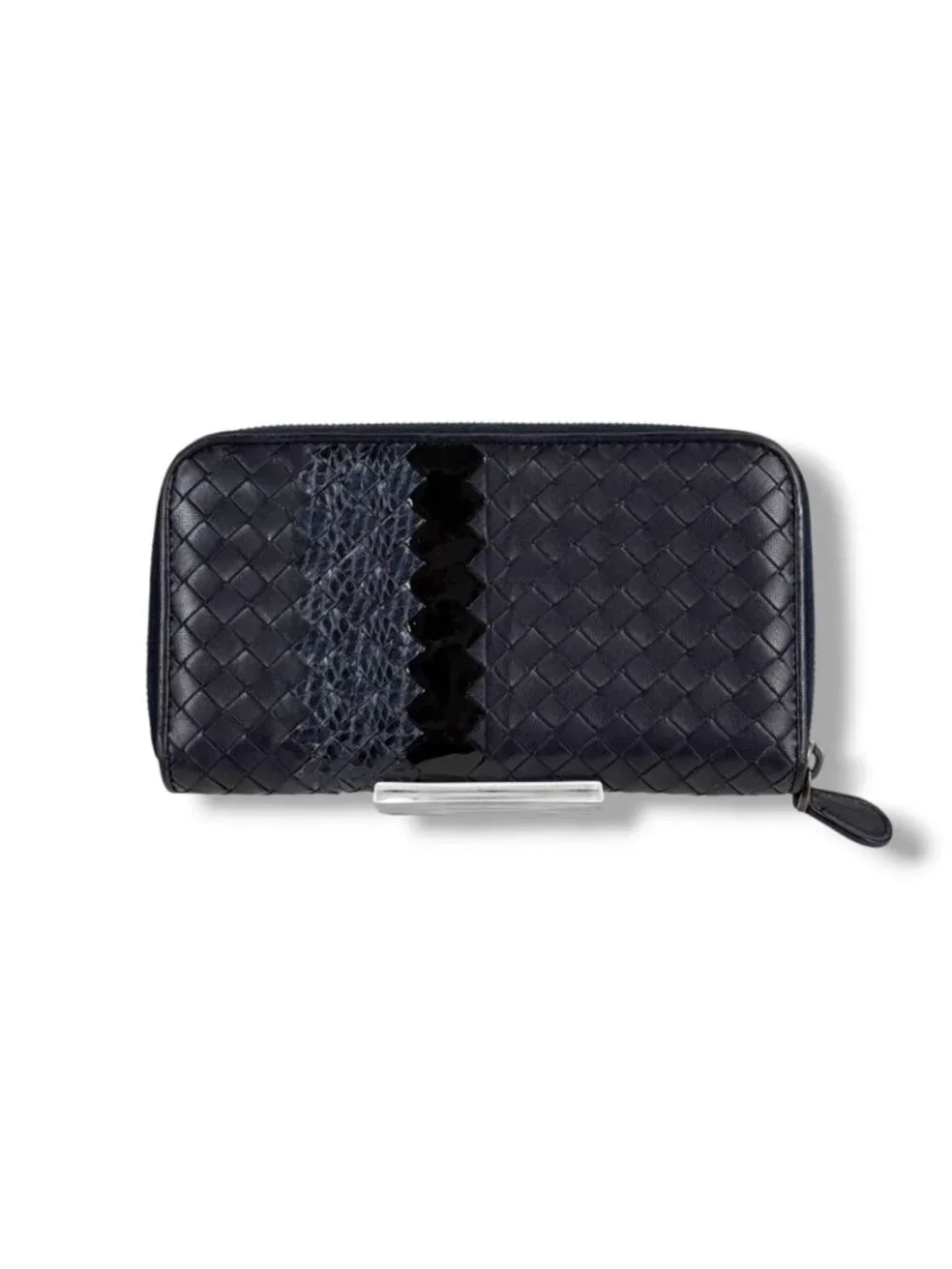 Bottega Veneta Wallet Round Zippy Black Intrecciato Leather Patent